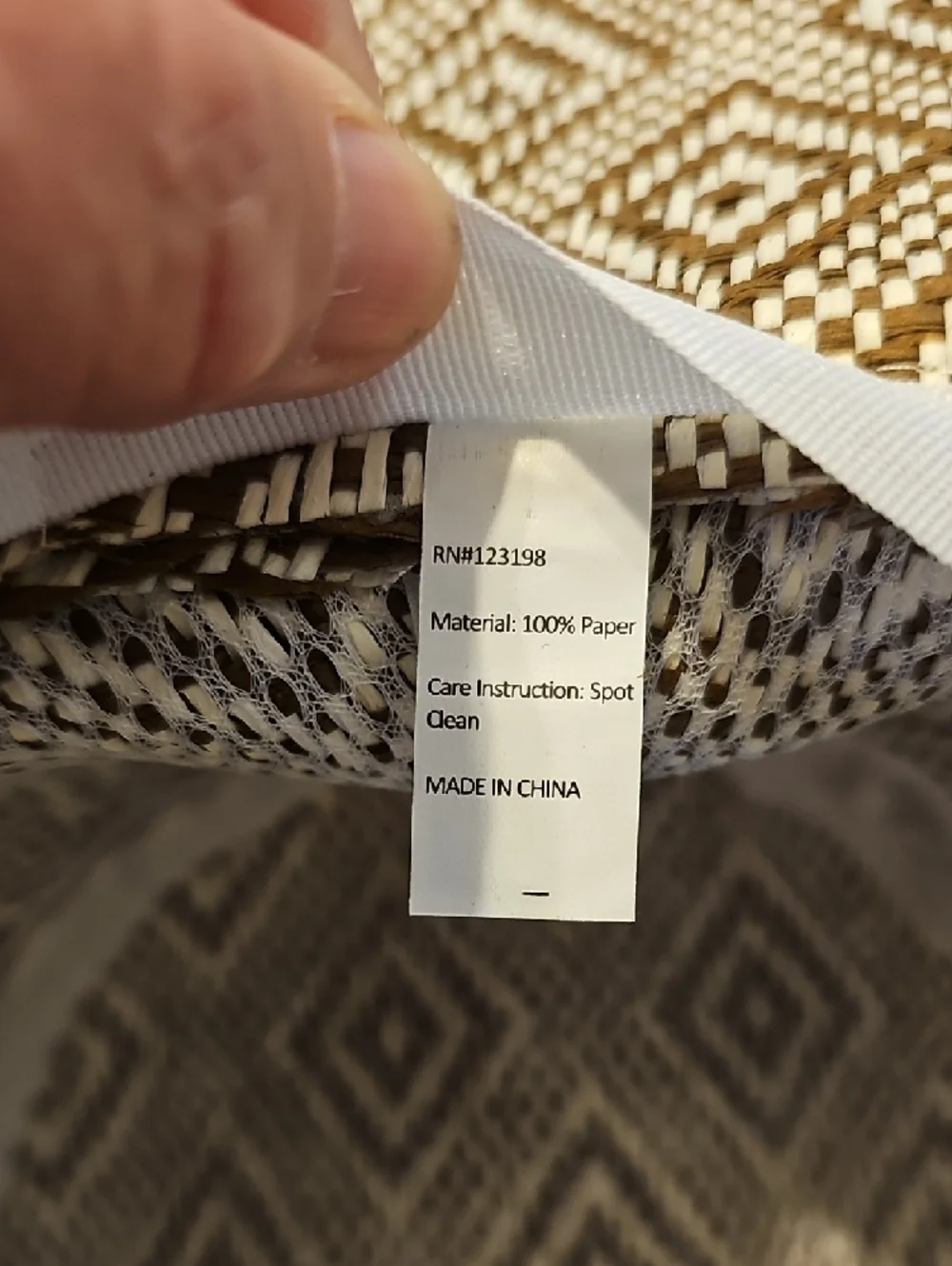 Wide-Brim Woven Sun Hat in Brown and White Diamond Pattern